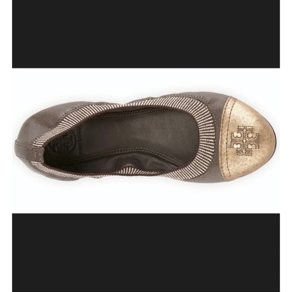 Tory Burch Sz 8.5 Gabby Ballet Flats Gun Metal Leather Gold‎ Cap Toe Logo Shoes